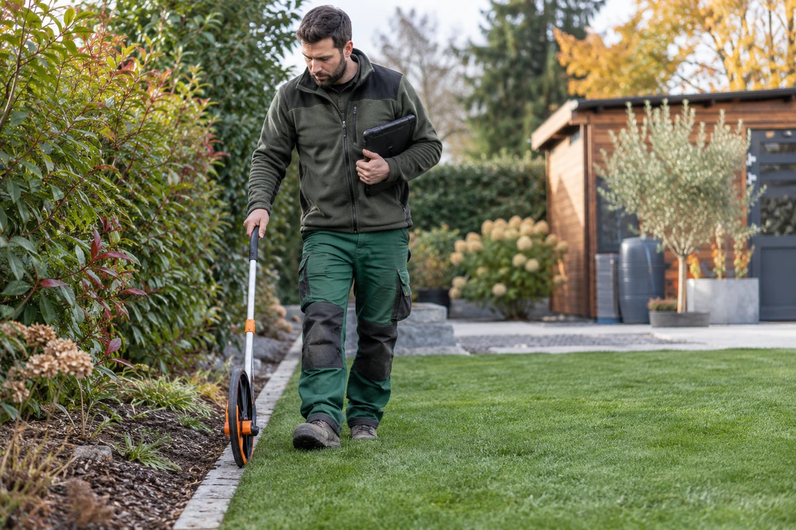 Mitarbeiter eines Garten- und Landschaftsbaubetriebs misst mit einem Messrad an einer Rasenkante entlang, ein Tablet unter dem Arm