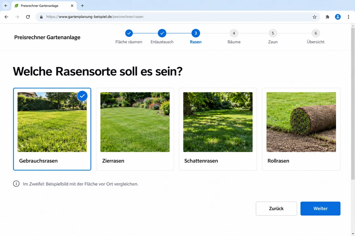 Auswahl der Rasensorte mit Beispielfotos für Gebrauchsrasen, Zierrasen, Schattenrasen und Rollrasen