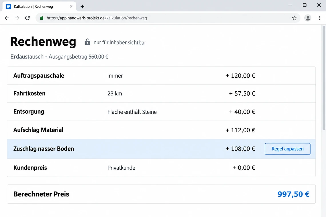 Ansicht Rechenweg mit Auftragspauschale, Fahrtkosten, Entsorgung, Materialaufschlag, Zuschlag für nassen Boden und berechnetem Preis