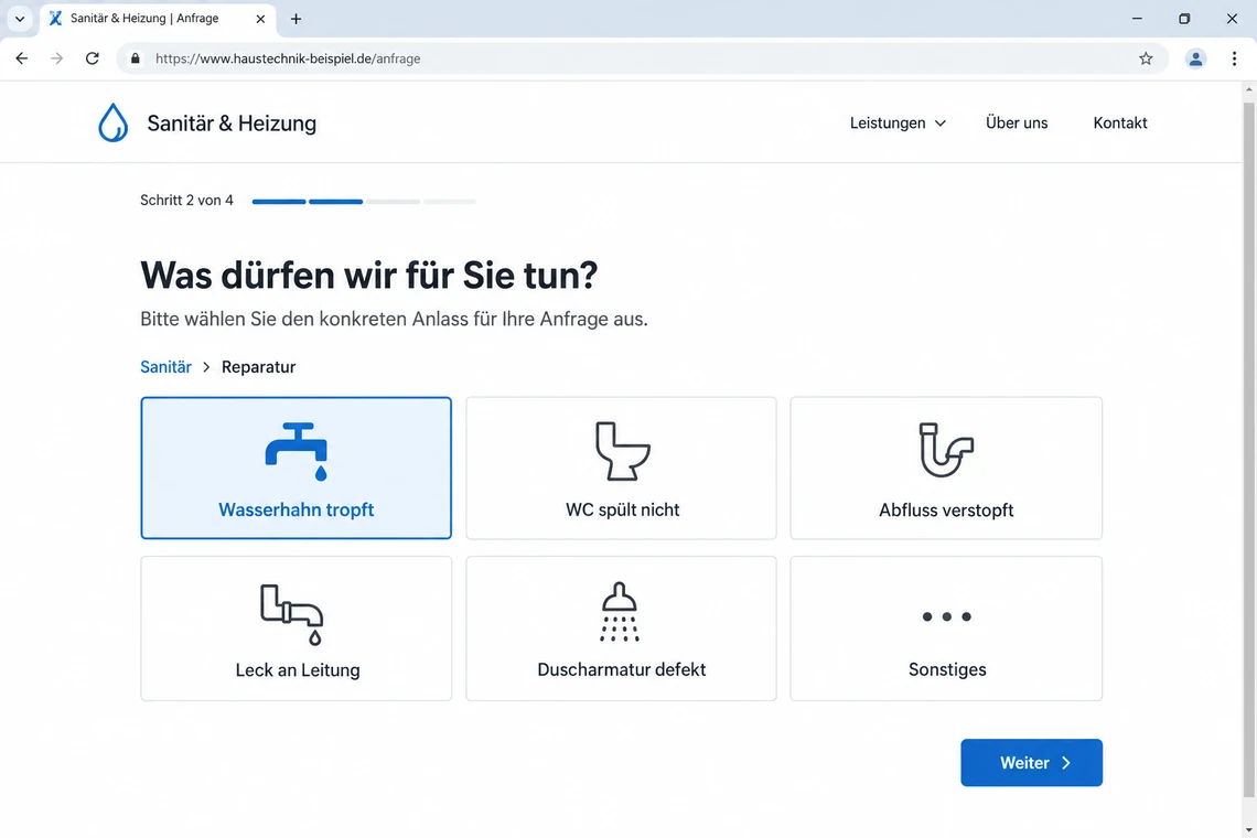 In die Webseite eines Sanitärbetriebs eingebettetes Anfrageformular mit Leistungskacheln, ausgewählt ist Wasserhahn tropft