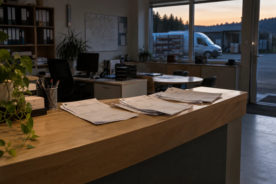 Leeres Büro am Abend mit abgelegten, handschriftlich ausgefüllten Auftragsscheinen auf dem Tresen