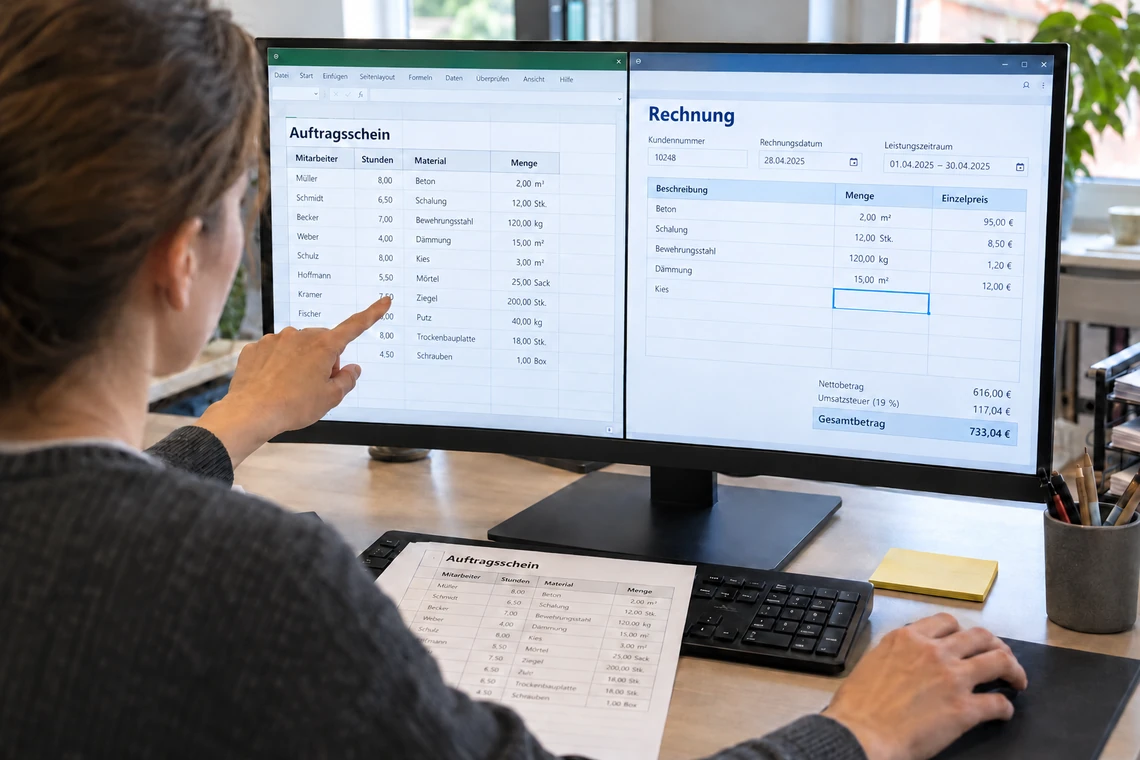 Bürokraft überträgt Angaben aus einer Excel-Auftragsvorlage in eine Rechnungsmaske auf demselben Bildschirm