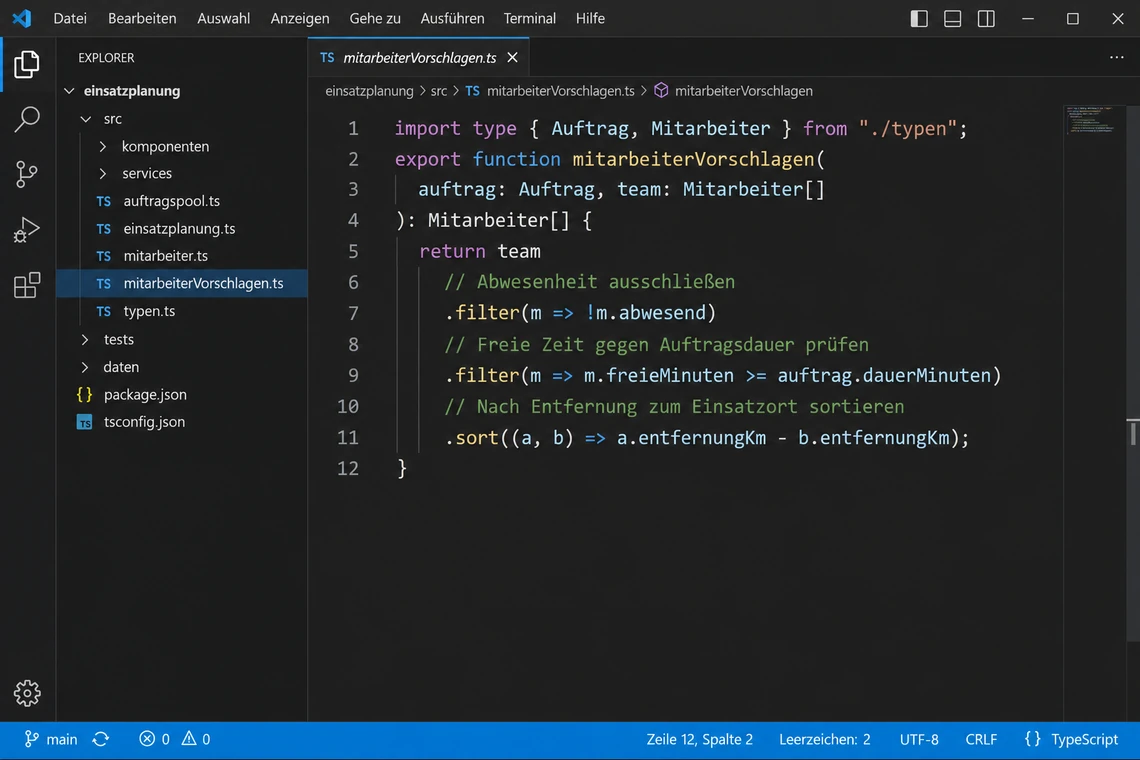 TypeScript-Funktion im Editor, die für einen Auftrag einen Mitarbeiter nach Abwesenheit, freier Zeit und Entfernung vorschlägt