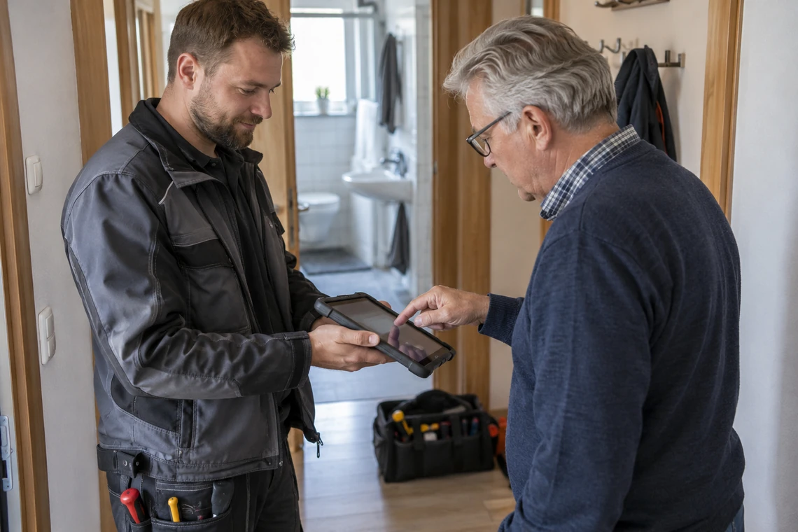 Kunde unterschreibt im Wohnungsflur mit dem Finger auf dem Tablet des Monteurs