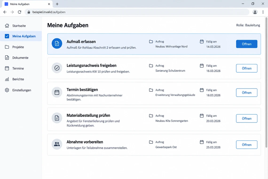 Persönliche Aufgabenliste im System mit Rollenhinweis und fälligen Aufgaben