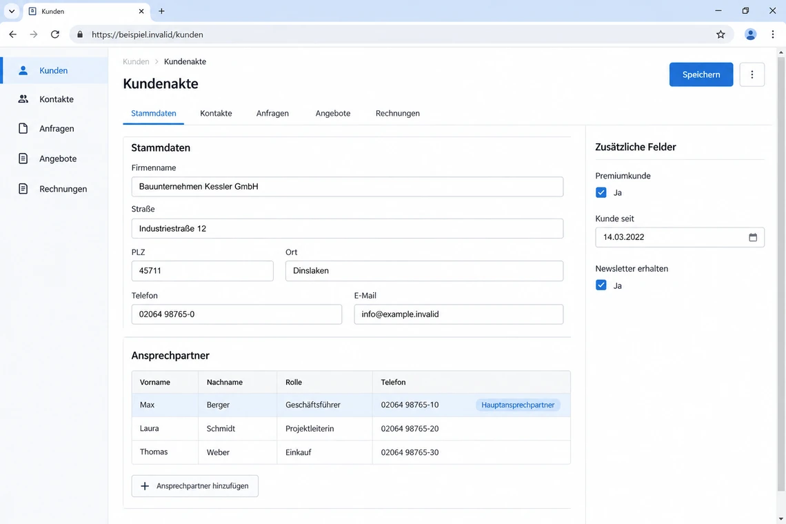 Kontaktmaske eines CRM mit Stammdaten, Ansprechpartnern und Zusatzfeldern