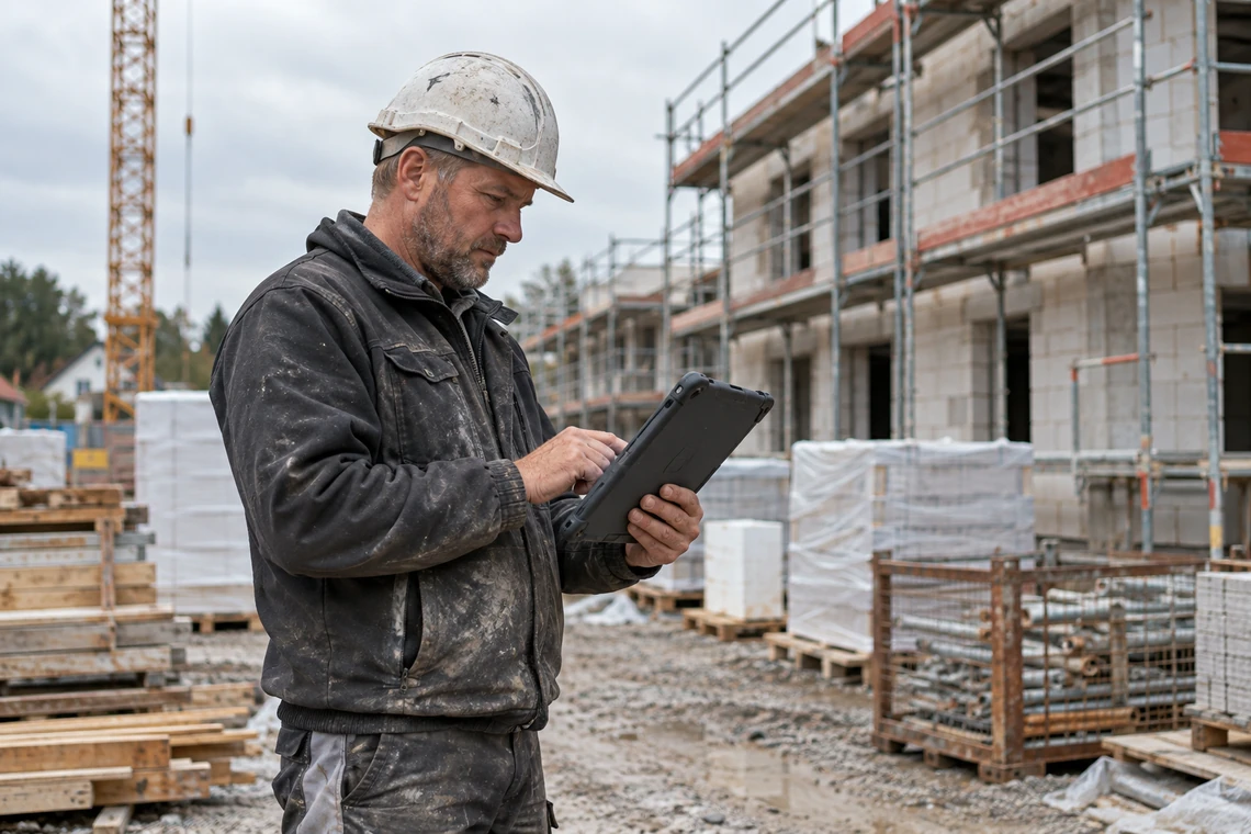 Handwerker bedient auf der Baustelle ein robustes Tablet mit staubigen Händen