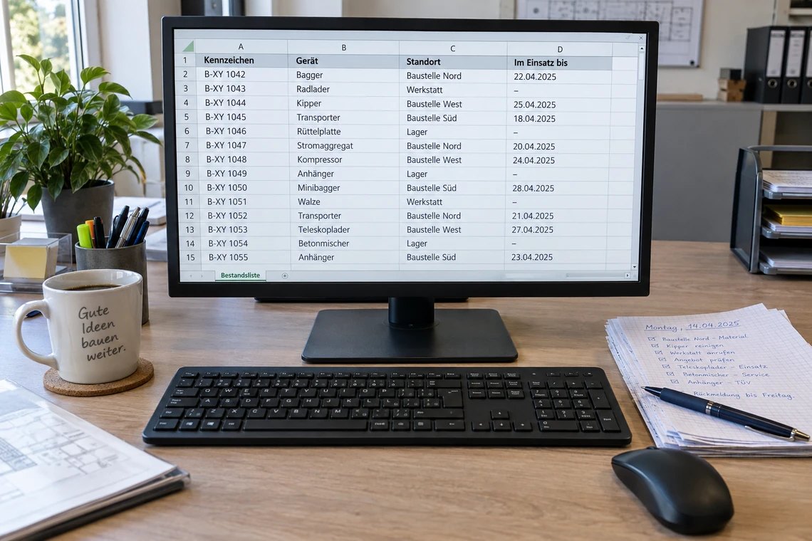 Büroarbeitsplatz mit Excel-Bestandsliste für Geräte und Fahrzeuge