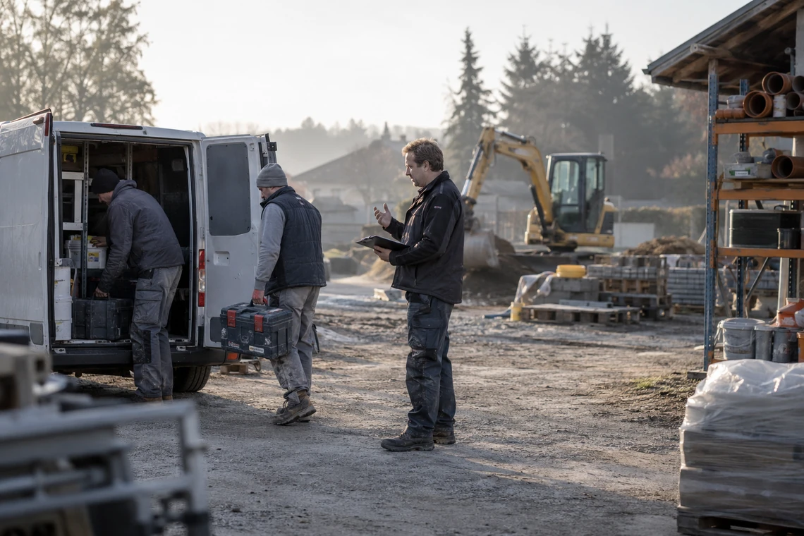 Betriebshof am Morgen mit Polier, Kollegen beim Beladen und Baumaschine