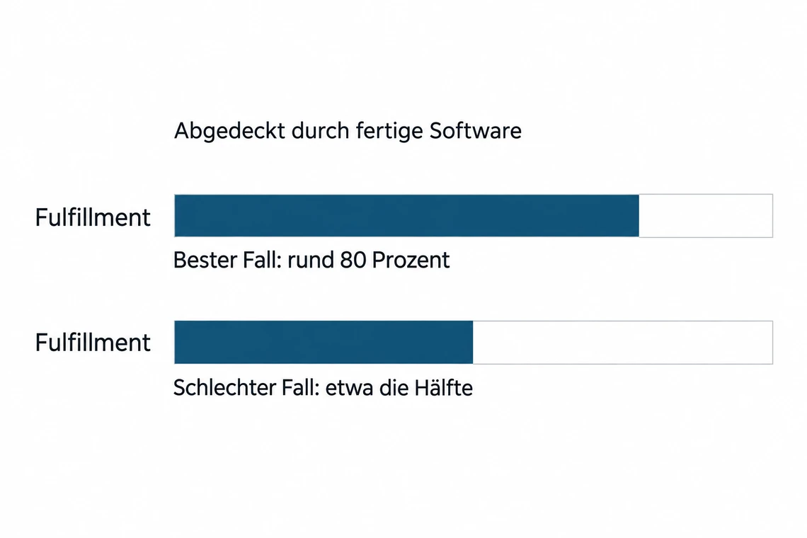 Zwei Balken zeigen die Abdeckung durch fertige Software im besten und im schlechten Fall
