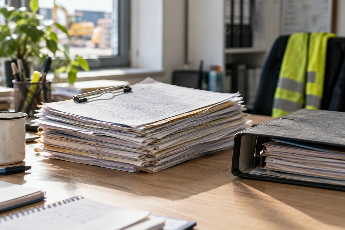 Stapel ausgefüllter Stunden- und Rapportzettel in einer Büroablage
