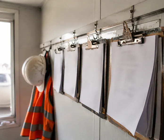 Mehrere Klemmbretter mit unterschiedlichen Formularen im Baucontainer