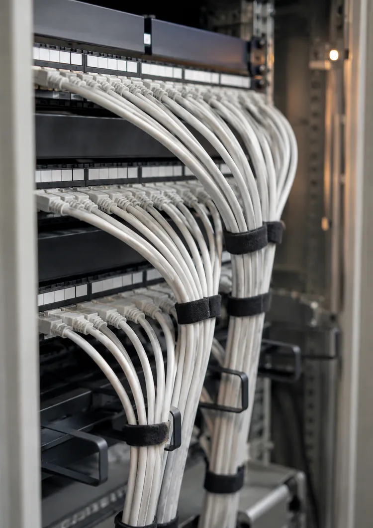 Sauber verlegte Netzwerkkabel in einem Technikschrank
