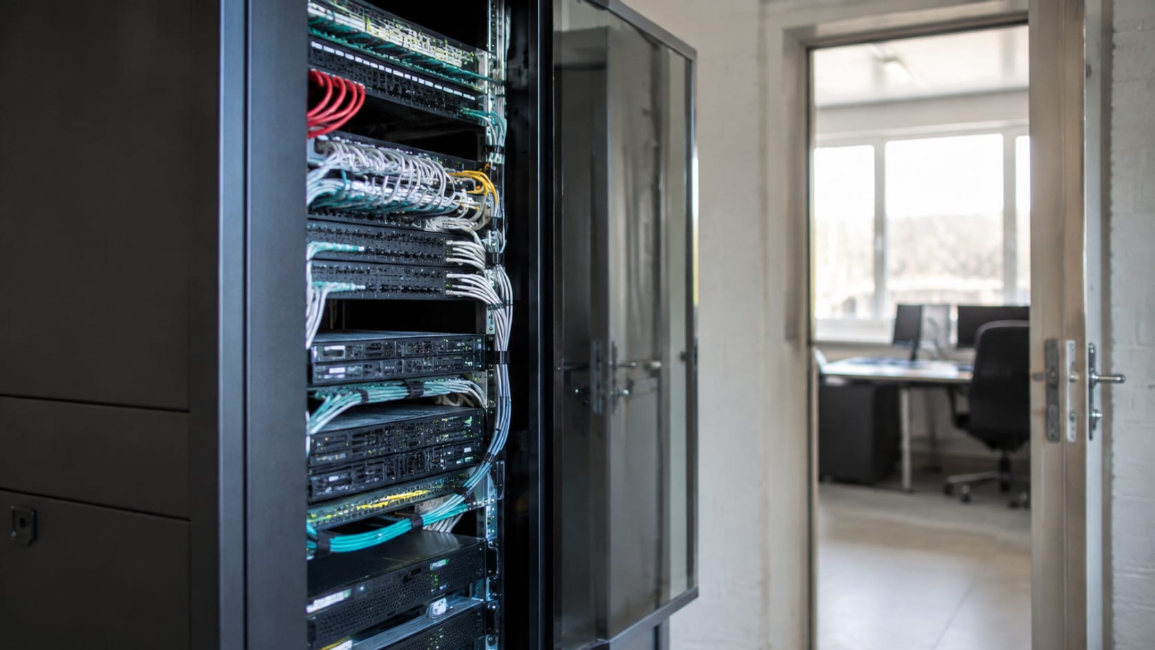Serverschrank im Technikraum eines mittelständischen Betriebs