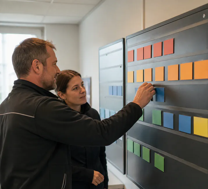 Bauleiter ordnen Prozessschritte an einer Magnettafel
