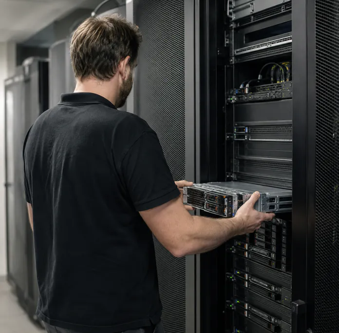 Techniker zieht ein Servermodul aus einem Rack