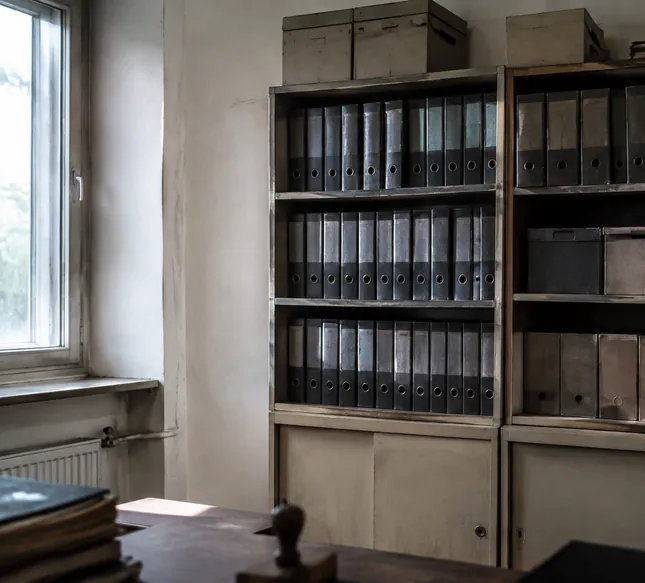 Archivregal mit alten Projektordnern in einem Betriebsbüro