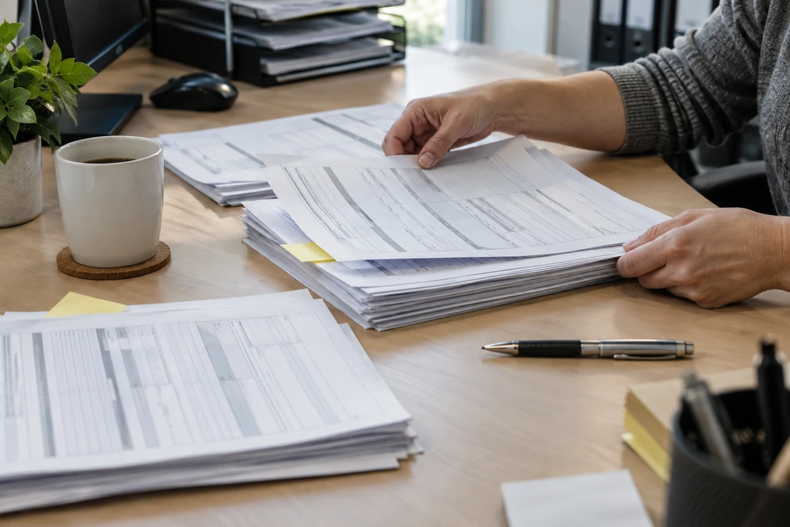 Schreibtisch im Backoffice mit gestapelten ausgedruckten Formularbögen