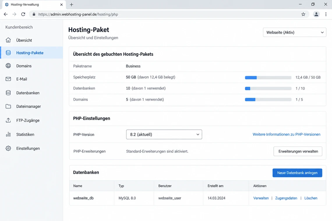 Verwaltung eines Hosting-Pakets mit PHP-Version und angelegter Datenbank