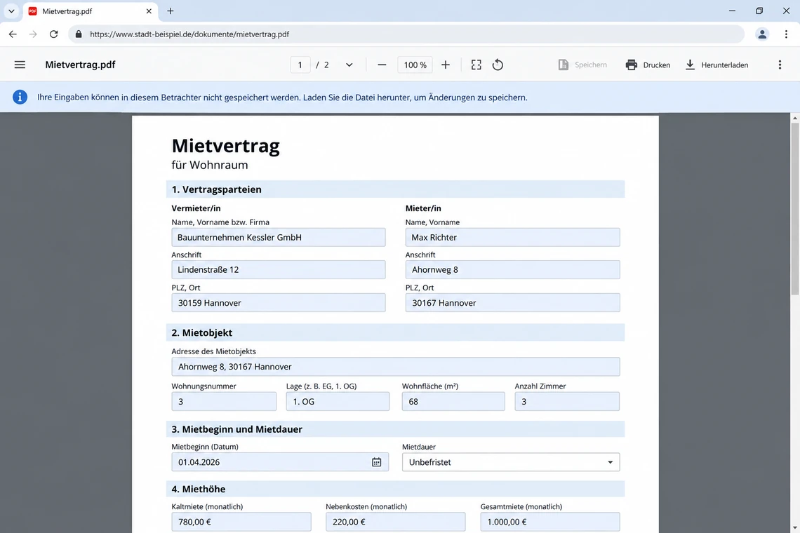 PDF-Formular im Browser-Betrachter mit Hinweis, dass Eingaben nicht gespeichert werden