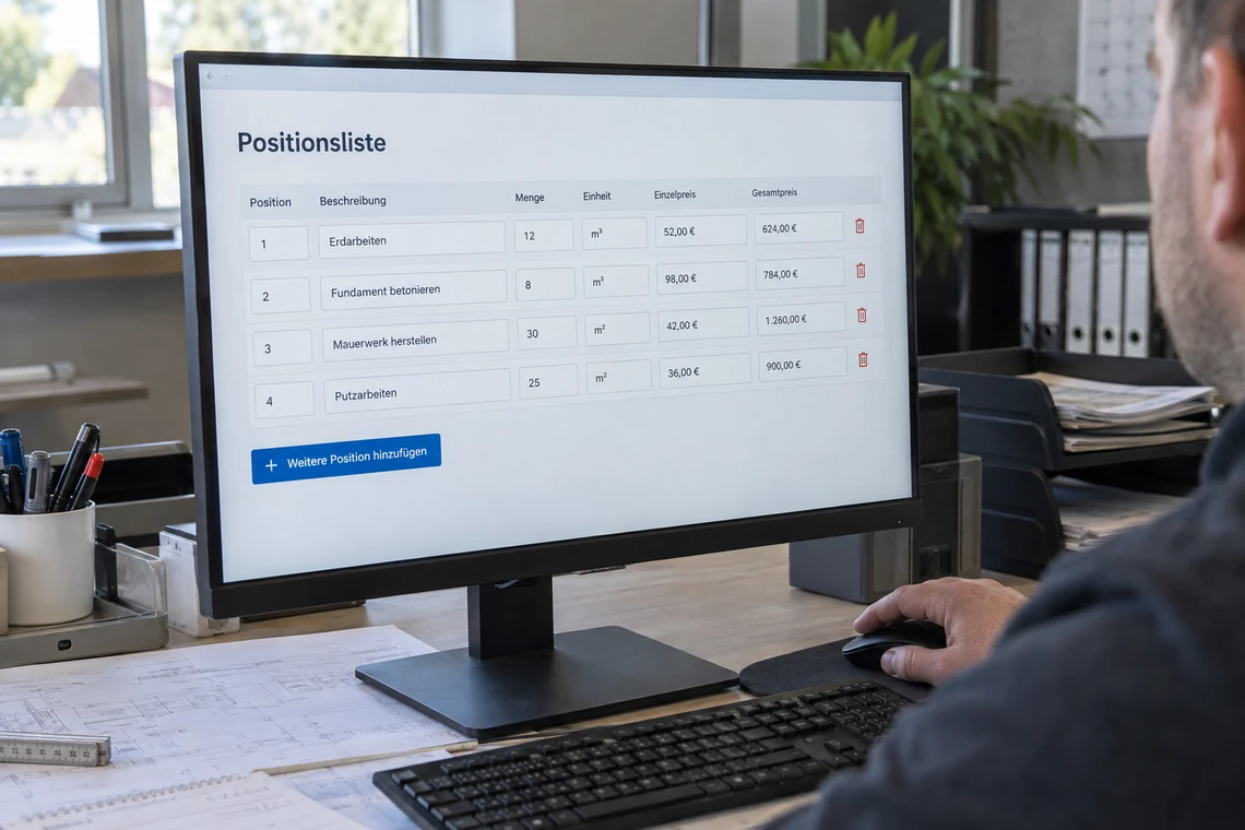 Positionsliste eines Webformulars mit Schaltfläche zum Hinzufügen weiterer Zeilen
