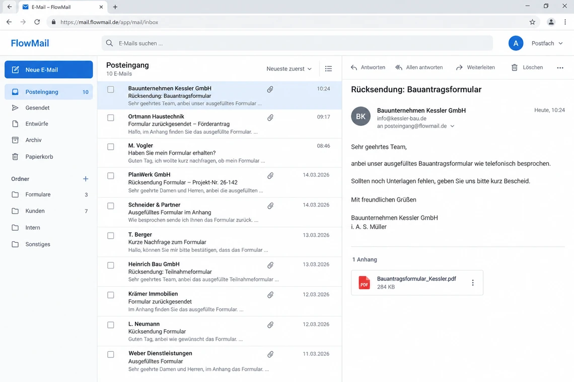 Posteingang mit zurückgesendeten Formulardateien als Anhänge