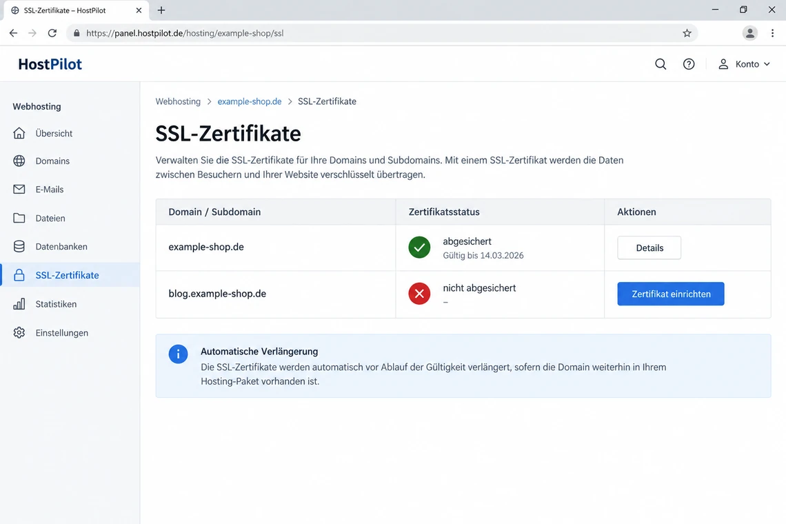 Übersicht der Domains mit abgesicherter Hauptdomain und noch ungesicherter Subdomain