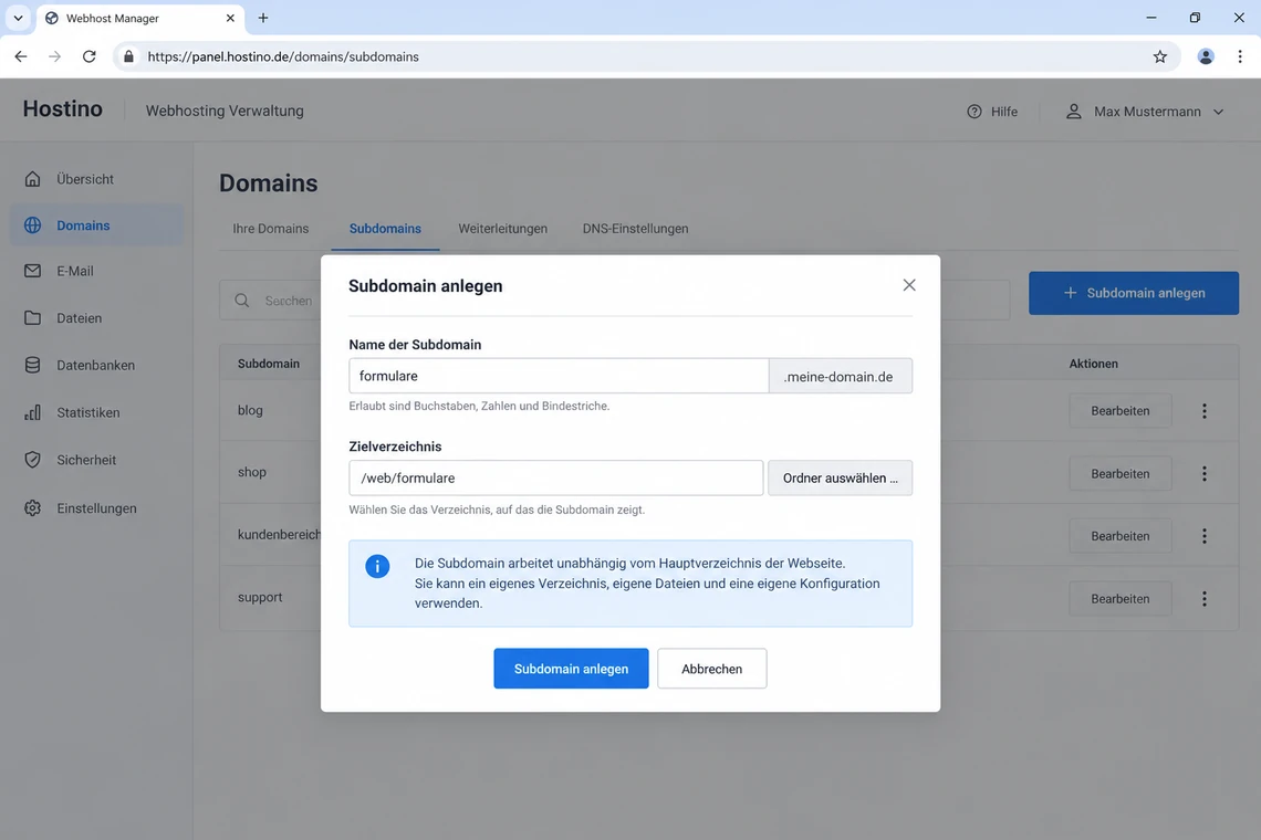 Dialog zum Anlegen einer Subdomain mit Auswahl des Zielverzeichnisses