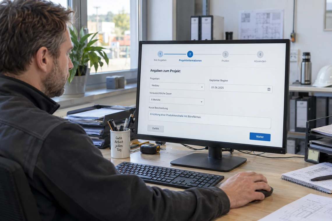 Arbeitsplatz mit einem in nummerierte Schritte gegliederten Webformular
