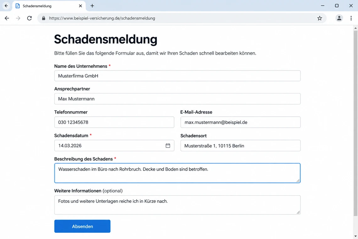 Ein einfaches Webformular im Browser mit ausgefüllten Beispielfeldern und Absende-Schaltfläche