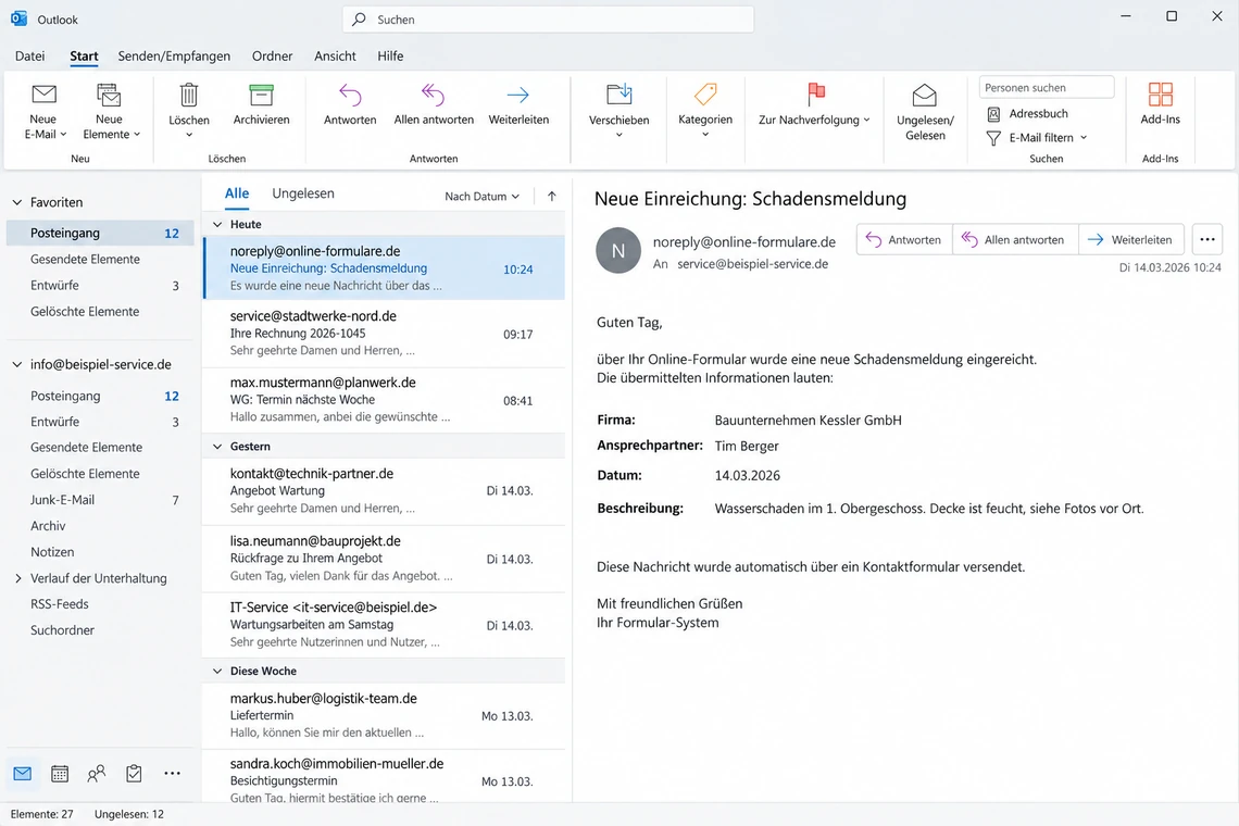 Screenshot-Auftrag zu Stufe 1: eingegangene E-Mail mit den Formulardaten als Feld-Wert-Paare im Posteingang