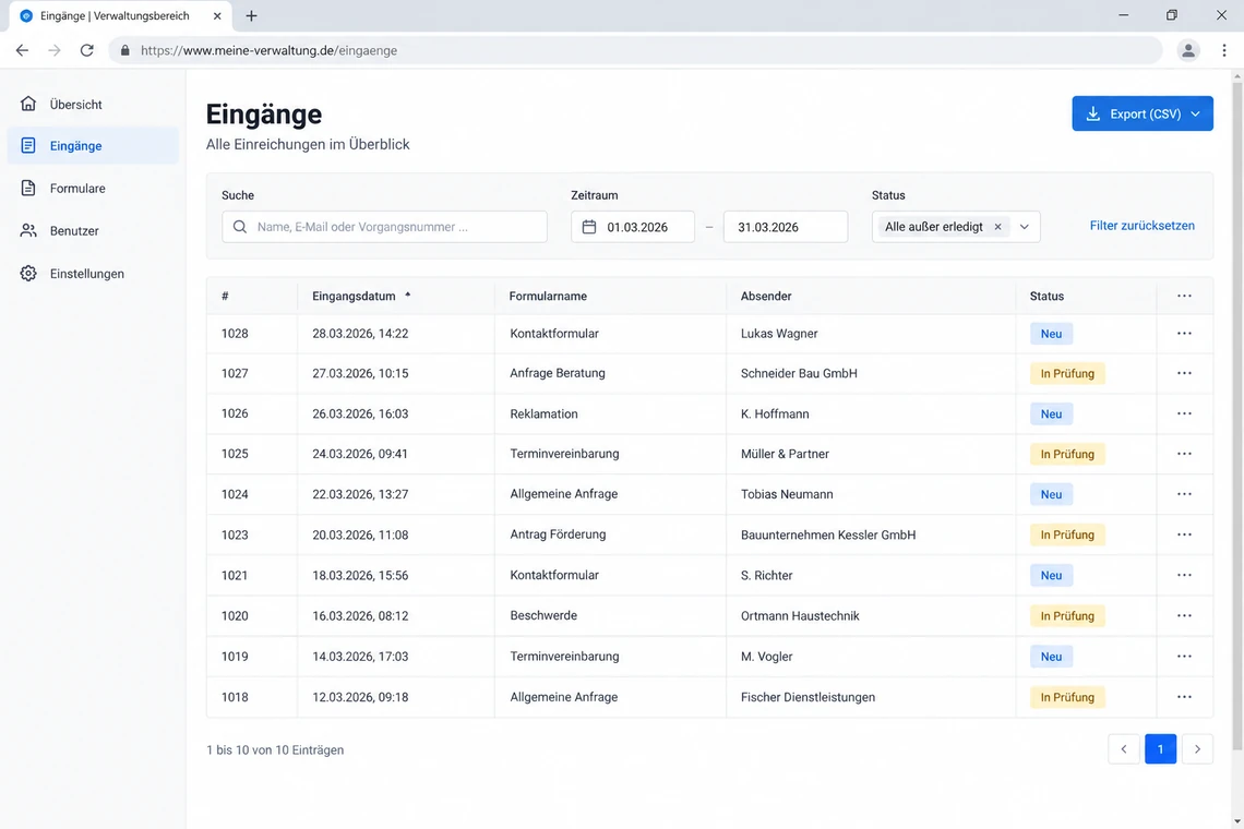 Screenshot-Auftrag zu Stufe 3: Übersichtsliste der Eingänge mit Suche, Filter, Status und Export