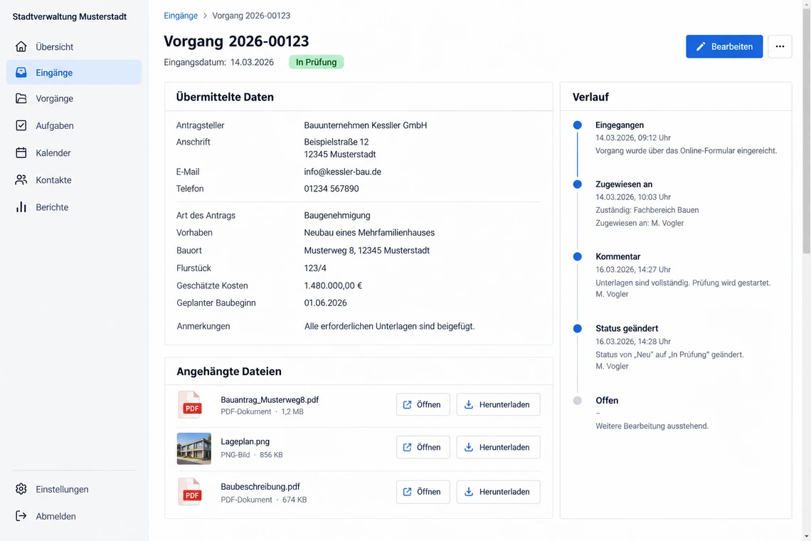 Screenshot-Auftrag zu Stufe 3: Detailansicht eines Vorgangs mit Status, Feldwerten, Anhängen und Verlauf