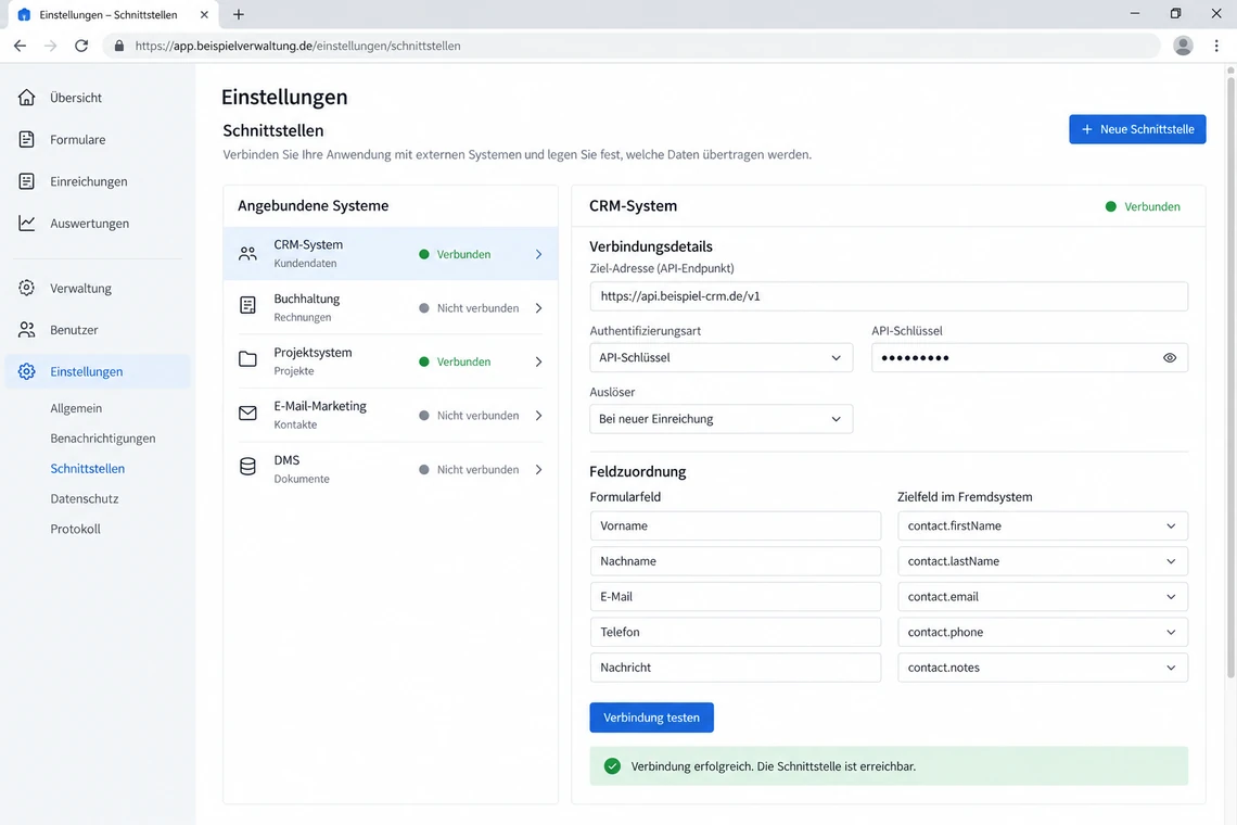Screenshot-Auftrag zu Stufe 4: Schnittstellen-Einstellungen zu einem Fremdsystem mit Feldzuordnung und Verbindungstest