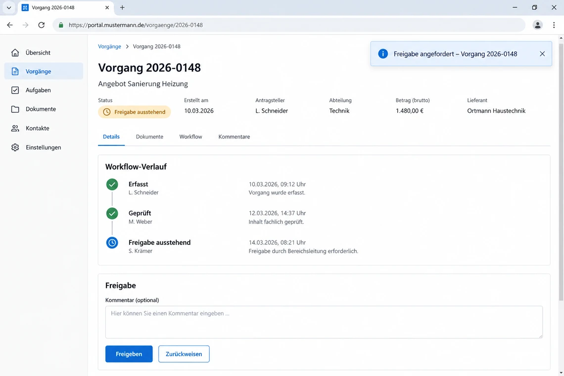 Screenshot-Auftrag zu Stufe 5: Freigabeschritt im Vorgang mit Workflow-Verlauf und eingeblendeter Benachrichtigung