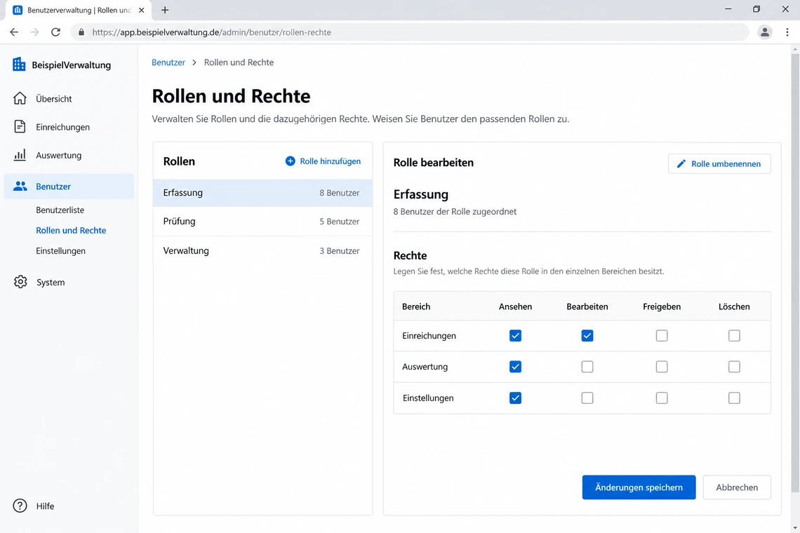 Screenshot-Auftrag zu Stufe 5: Rollen- und Rechteverwaltung mit Rollenliste und Rechte-Matrix