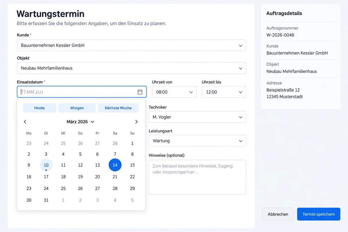 Datumsauswahl auf dem Tablet ohne eingeblendete Bildschirmtastatur