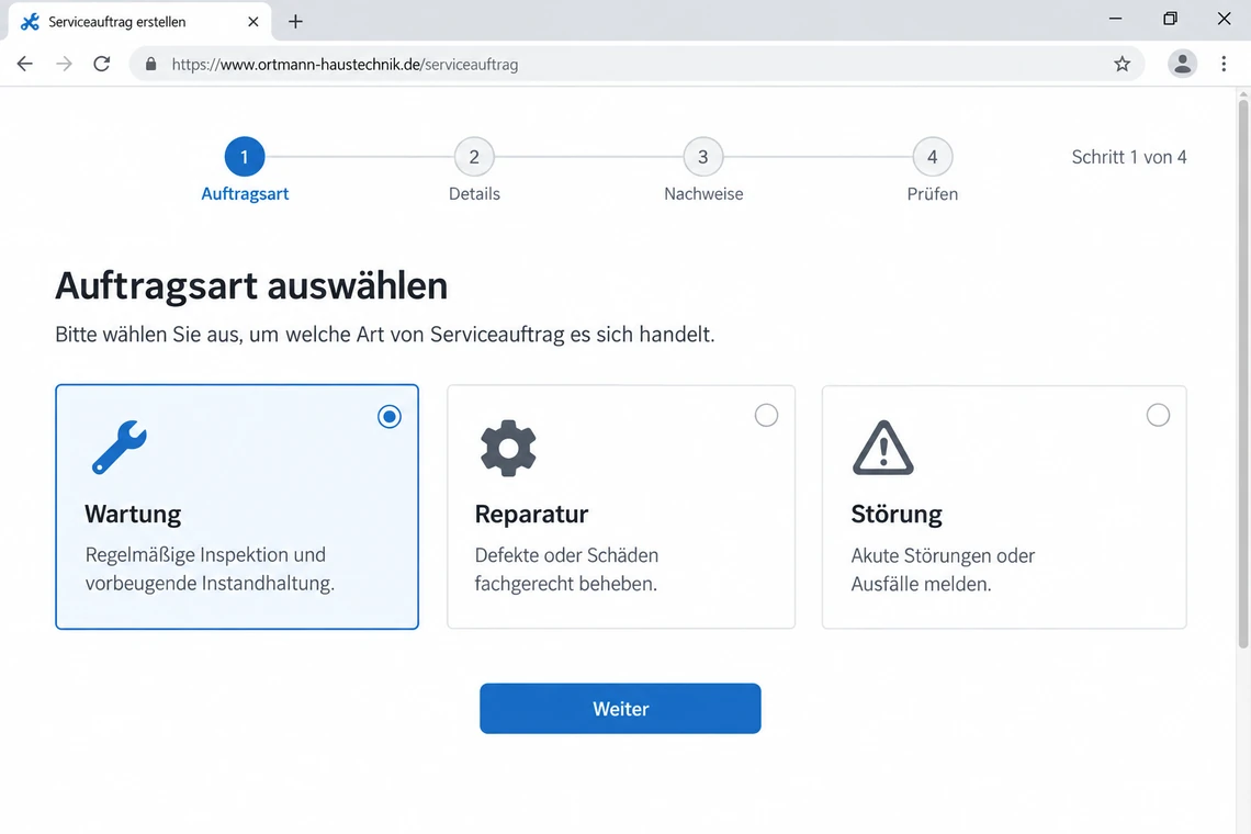 Schritt 1 von 4 mit Fortschrittsanzeige und Auswahl der Auftragsart
