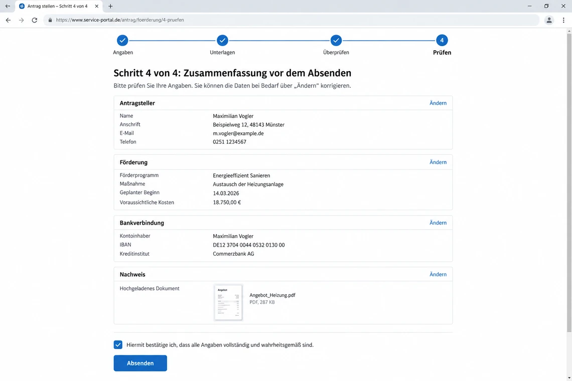 Schritt 4 von 4 mit der Zusammenfassung vor dem Absenden