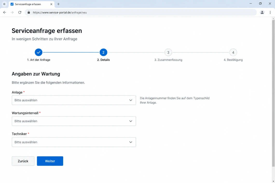 Schritt 2 von 4 mit ausschließlich den Feldern, die zur Auswahl passen