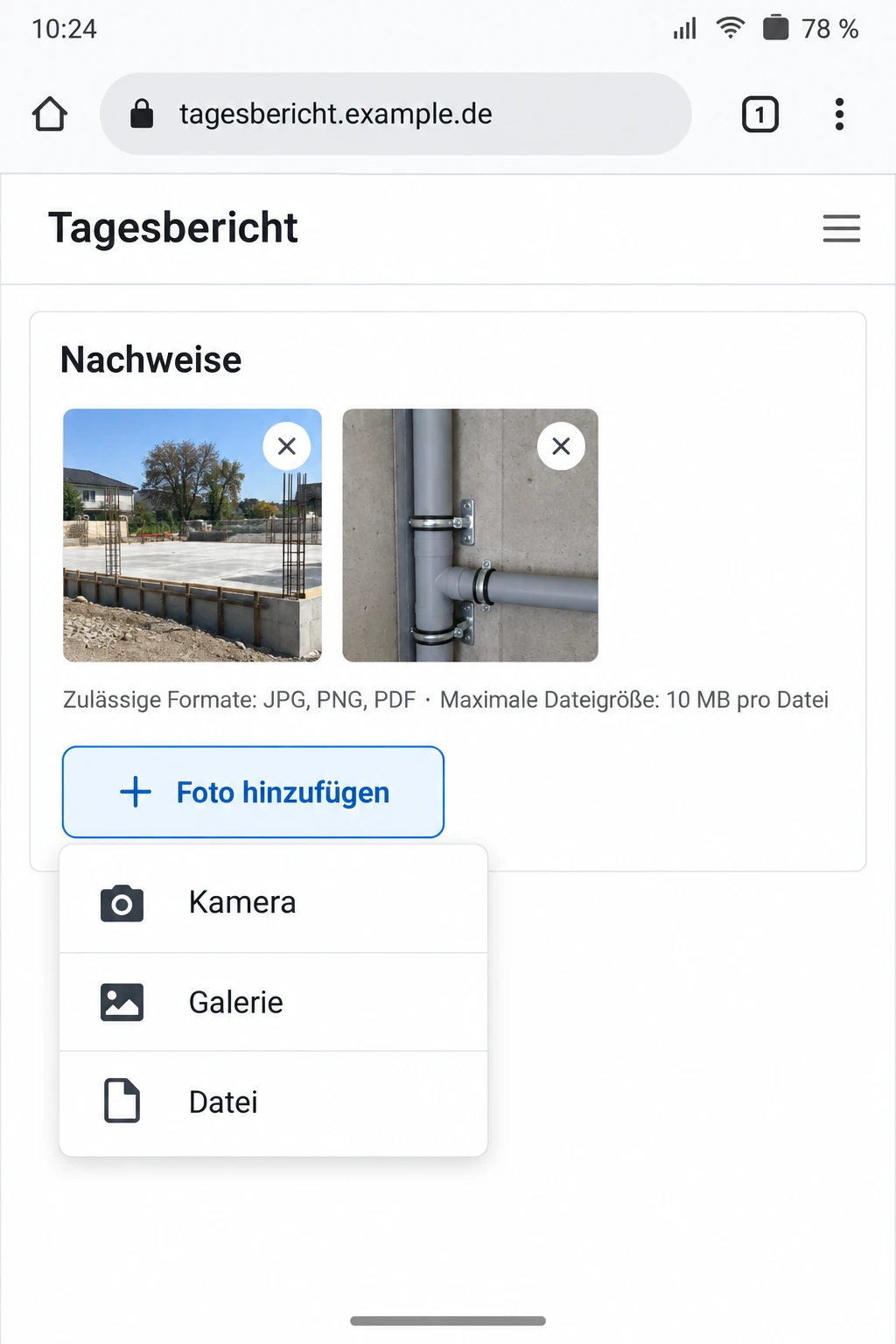 Nachweisfoto direkt vom Gerät in das Webformular hochladen