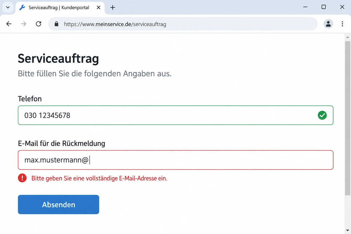 Fehlermeldung direkt unter dem Eingabefeld während der Eingabe