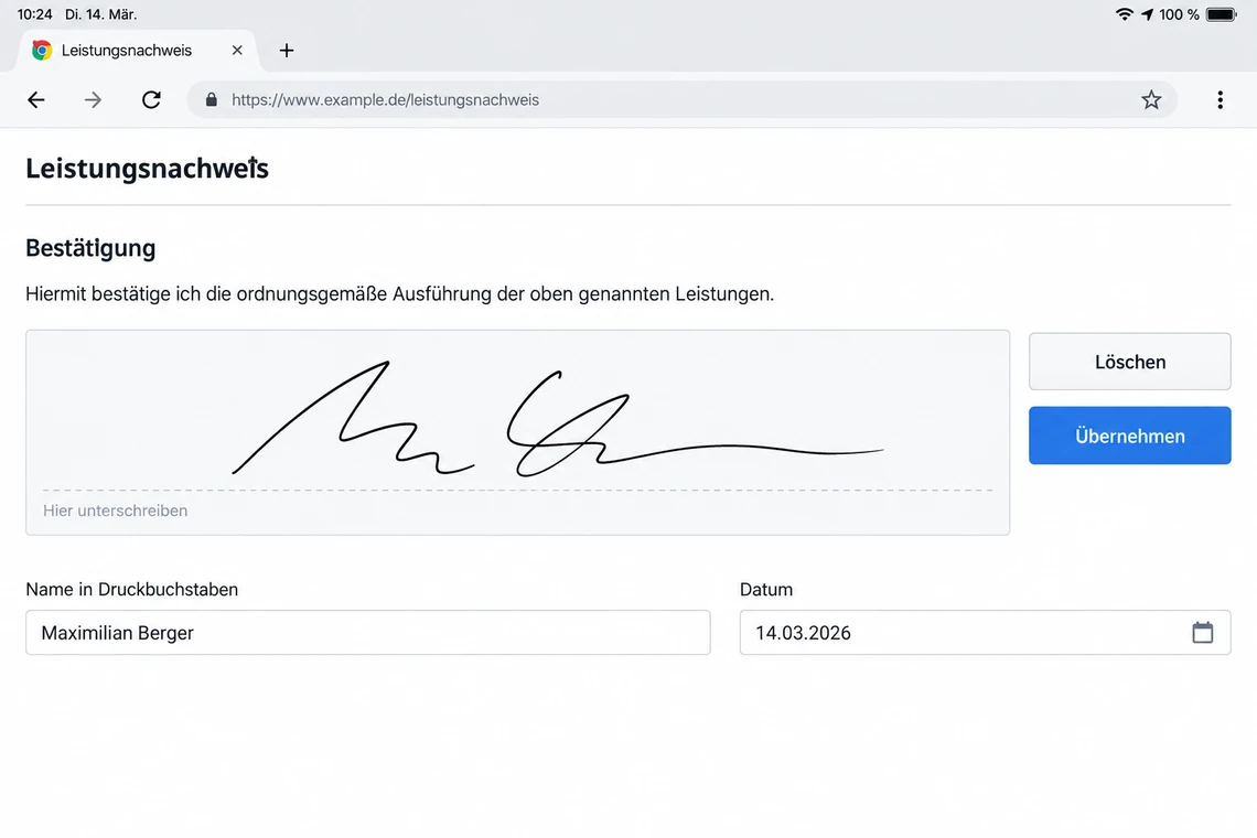 Unterschriftenfeld im Webformular, das per Finger ausgefüllt wird