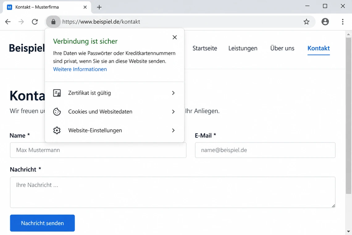 Adressleiste mit gesicherter Verbindung und geöffnetem Kurzinfo-Fenster