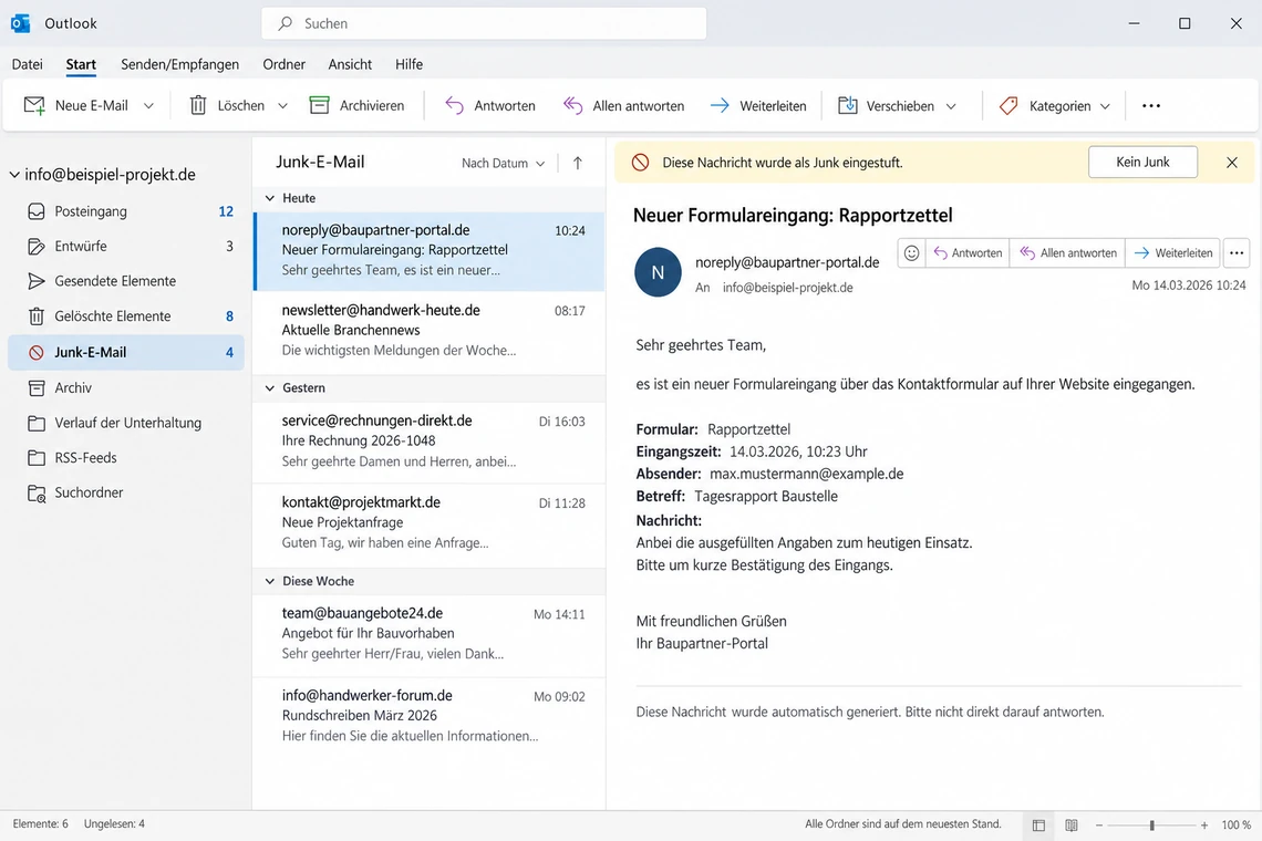 Formular-Benachrichtigung im Junk-E-Mail-Ordner