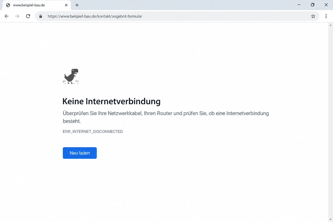 Browser-Fehlerseite, wenn das Formular nicht erreichbar ist