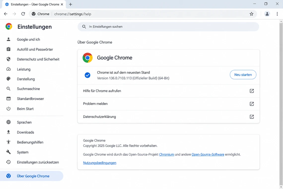 Seite „Über Google Chrome“ mit Versionsnummer und Aktualisierungsstatus
