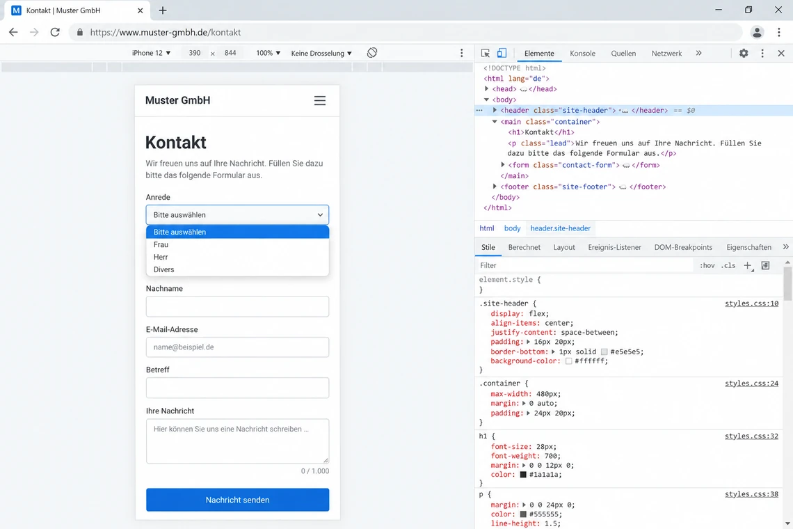 Webformular in der Geräteansicht der Entwicklertools auf Smartphone-Breite