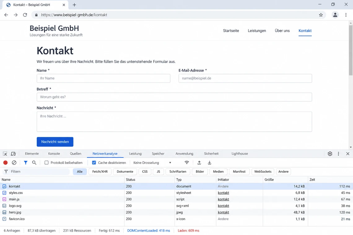 Netzwerkanalyse der Entwicklertools mit der übertragenen Datenmenge des Formulars