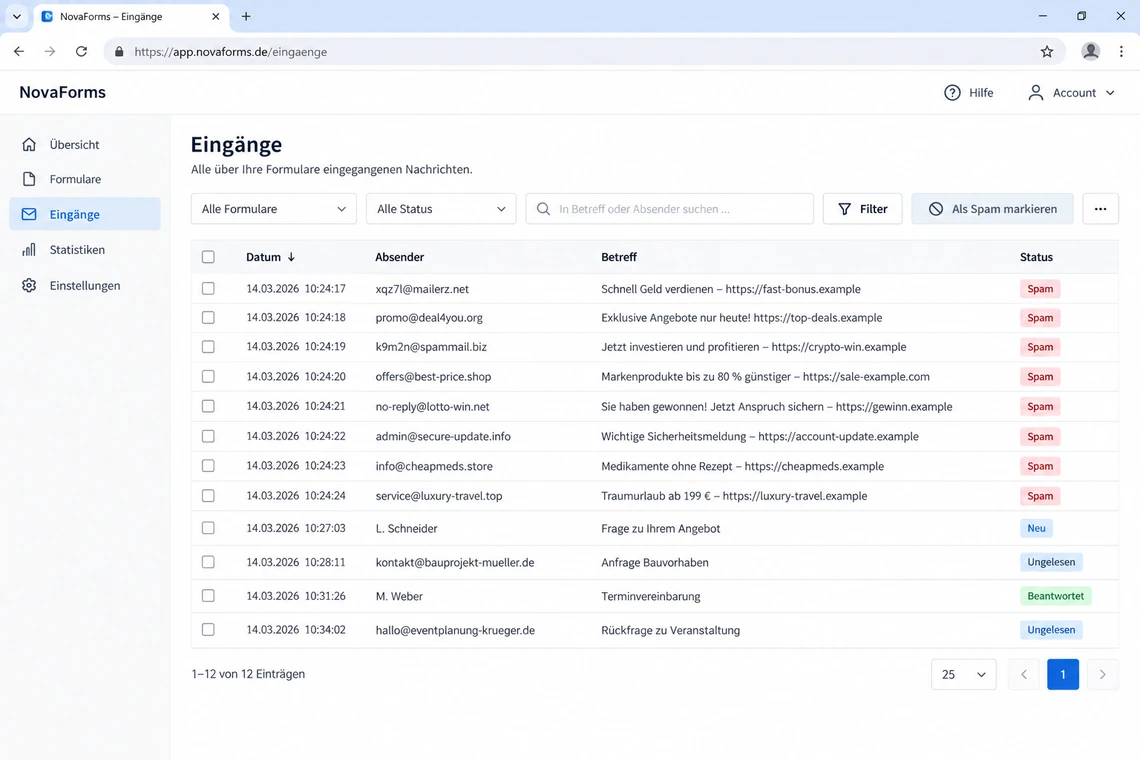 Spam-Einträge in der Eingangsliste eines Webformulars